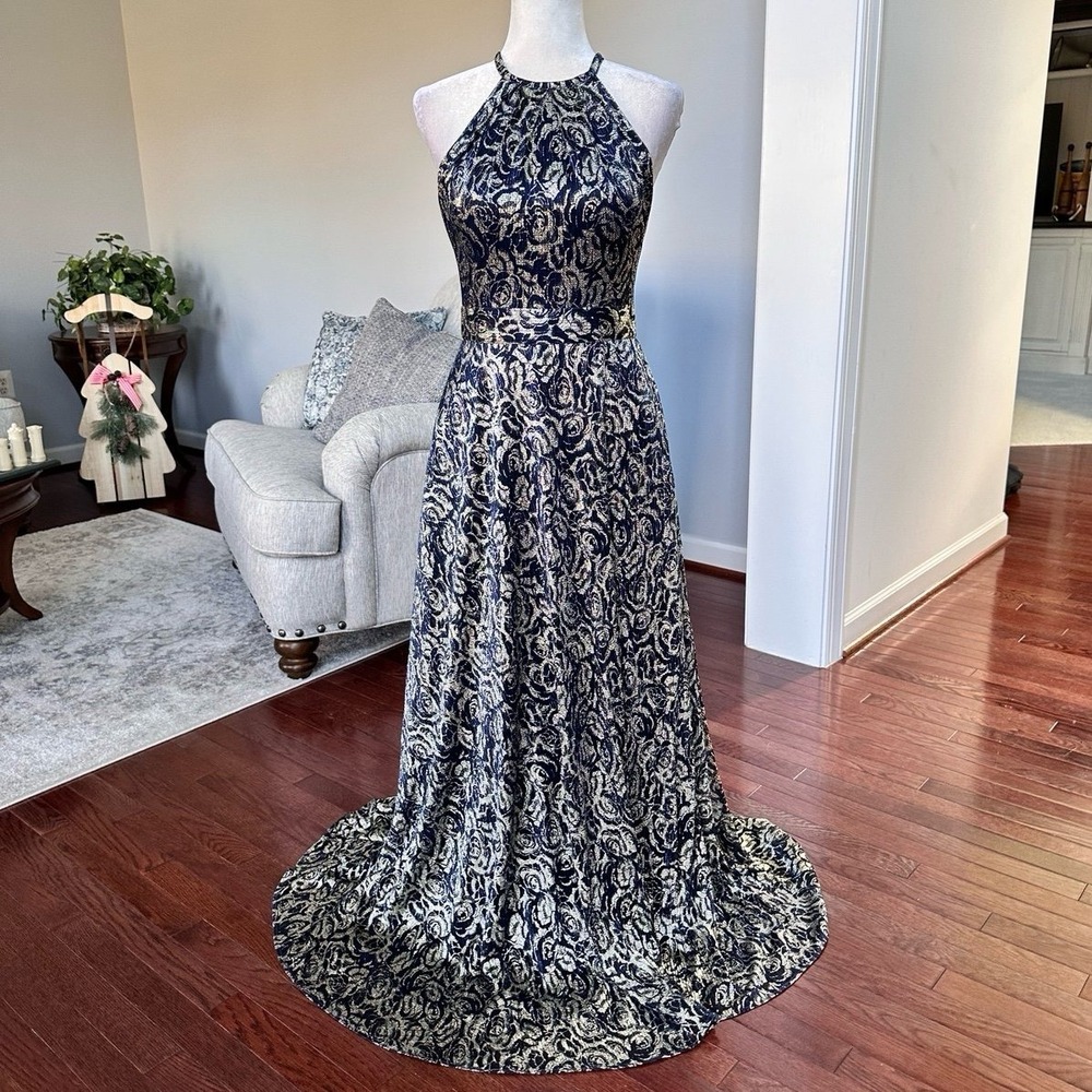 Vintage Betsy & Adam High Neck Navy Blue Metallic Silver Maxi Gown Dress Size 4